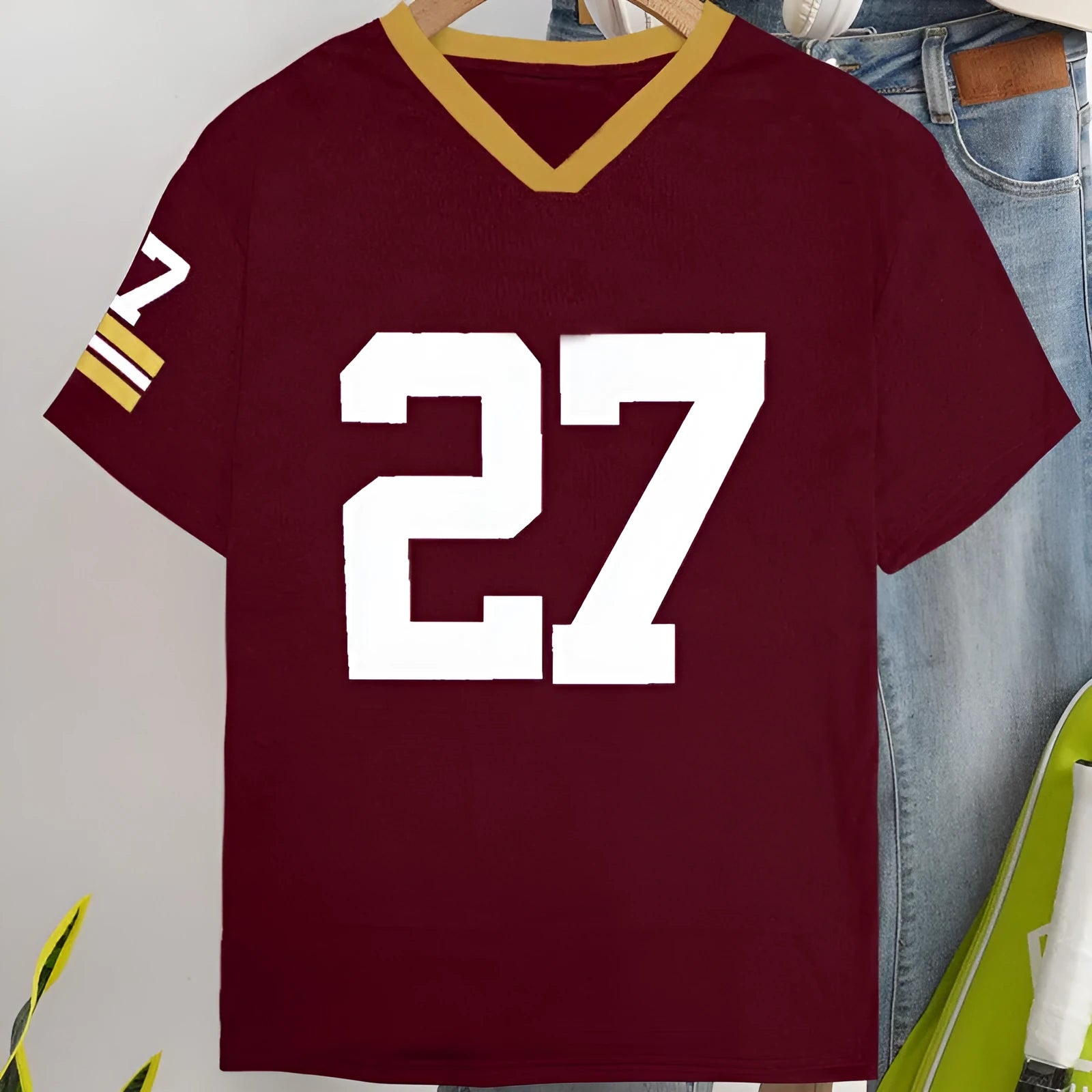 Red and green loose fit cotton T-shirt with digital printed letter pattern