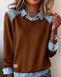 Denim collar long sleeve pullover knitwear top with contrast denim collar, solid colour body, street fashion style