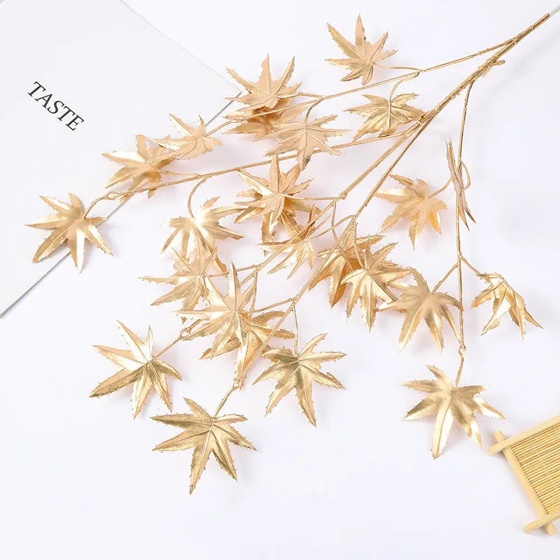 Artificial Persian eucalyptus ginkgo leaf flower arrangement in gold plastic for wedding home decor
