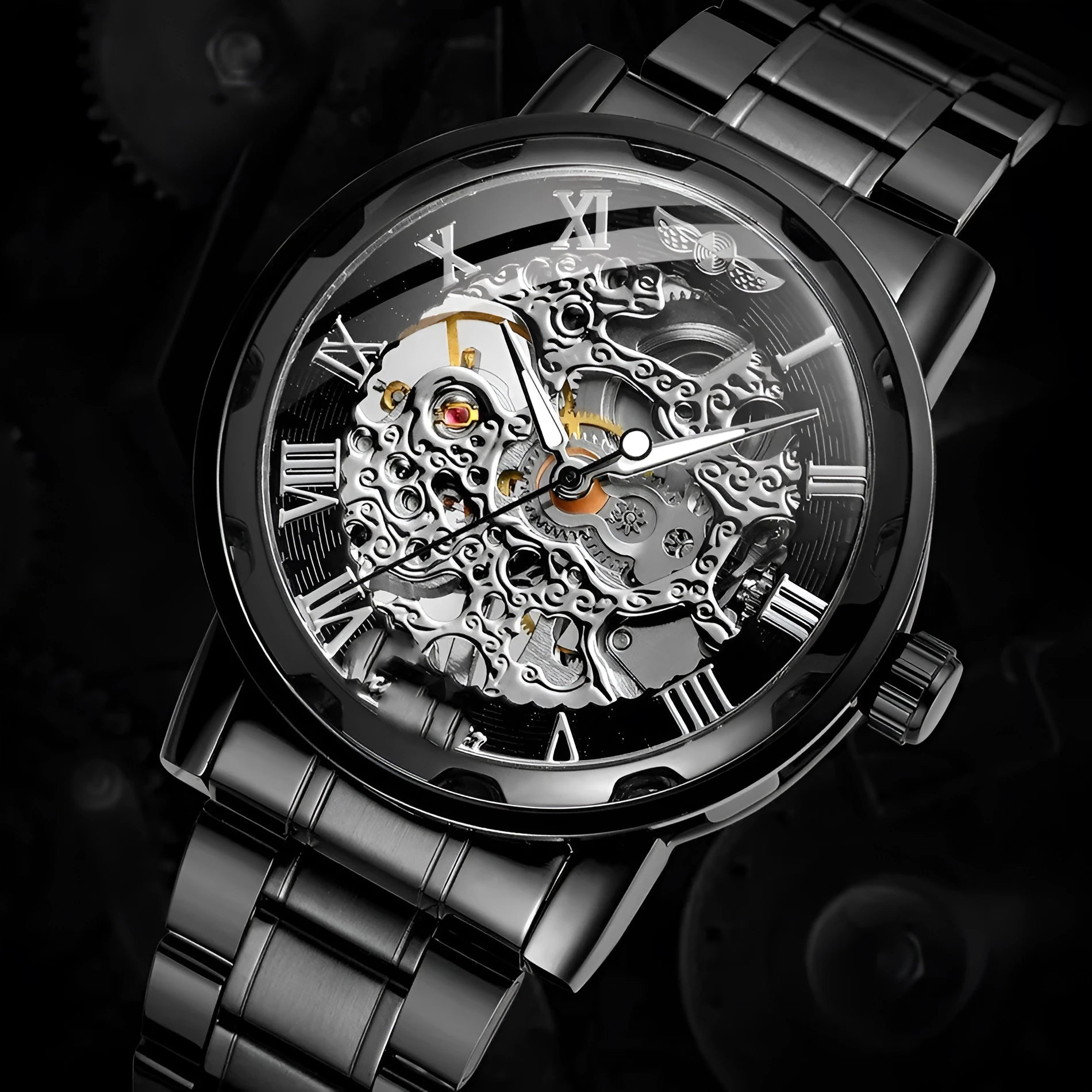 Men's retro automatic mechanical watch with black round dial, mineral glass mirror, and stainless steel butterfly clasp