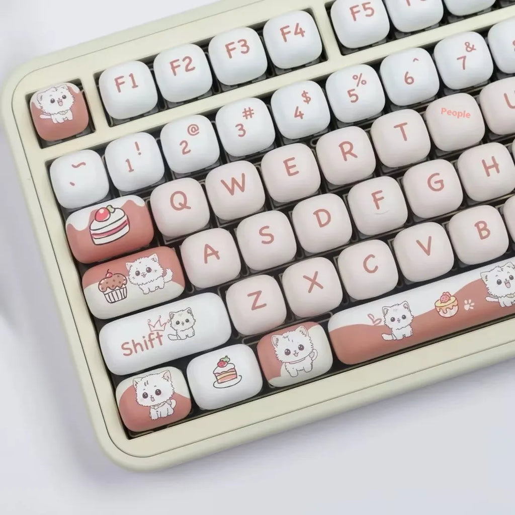 MOG round mechanical keyboard key caps with colourful sublimation print of cartoon cats and desserts.