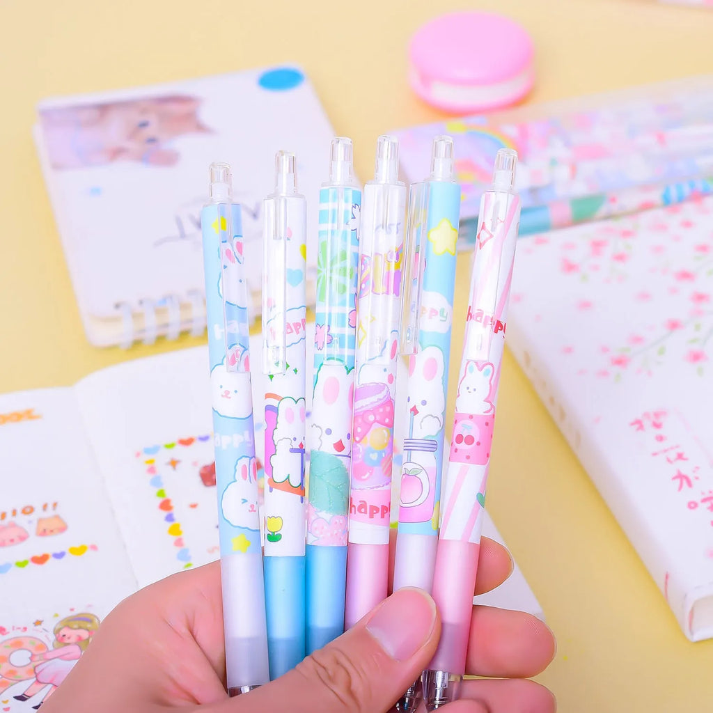 Six bunny cartoon design black ink pens with 0.5mm tips in packaging