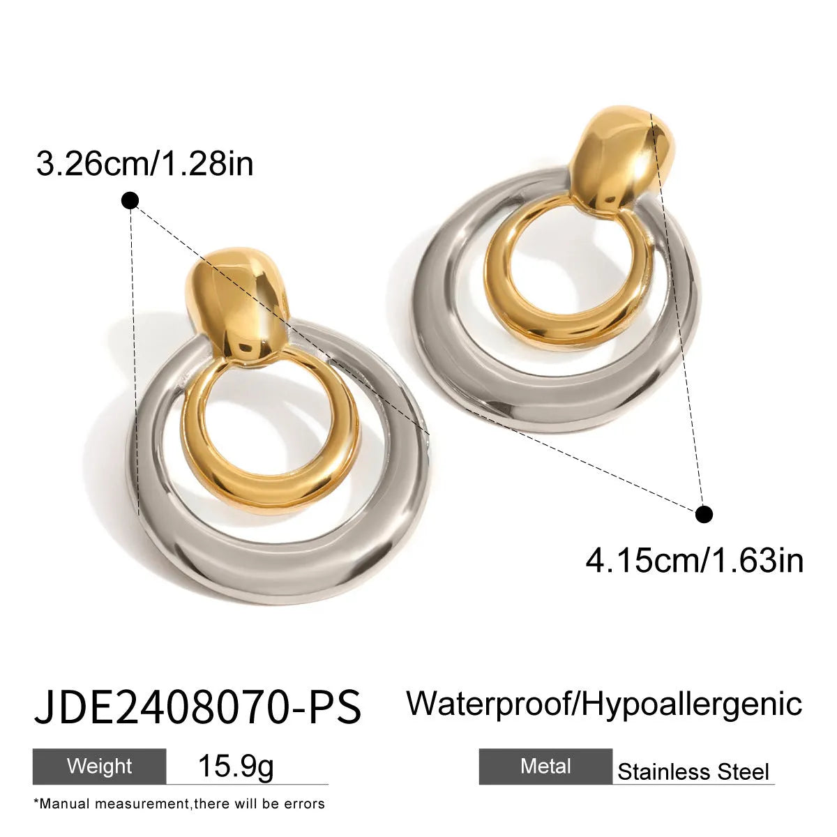 Gold tone geometric round stud earrings with hollow double-layer design on titanium steel backing