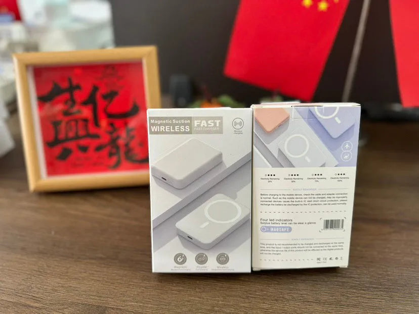 Magnetic wireless charging power bank in white colour showing compact rectangular design