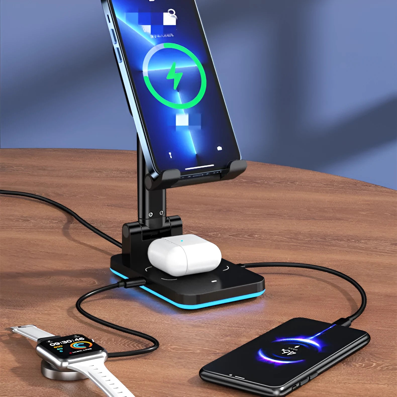 Black desktop wireless charging phone stand holding smartphone at viewing angle