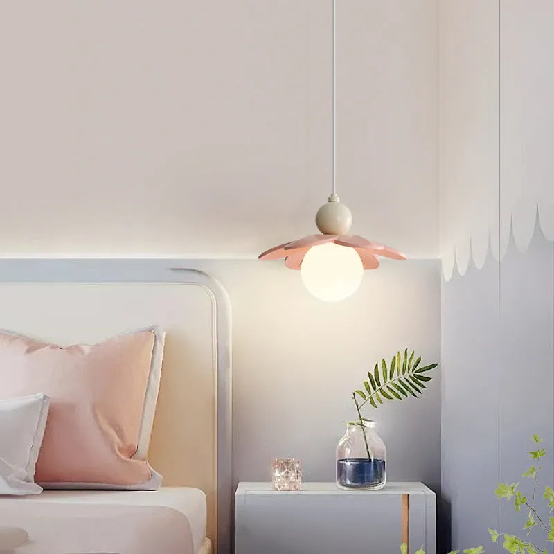 Modern minimalist cream bedside chandelier with pink finish and full spectrum light option for bedroom