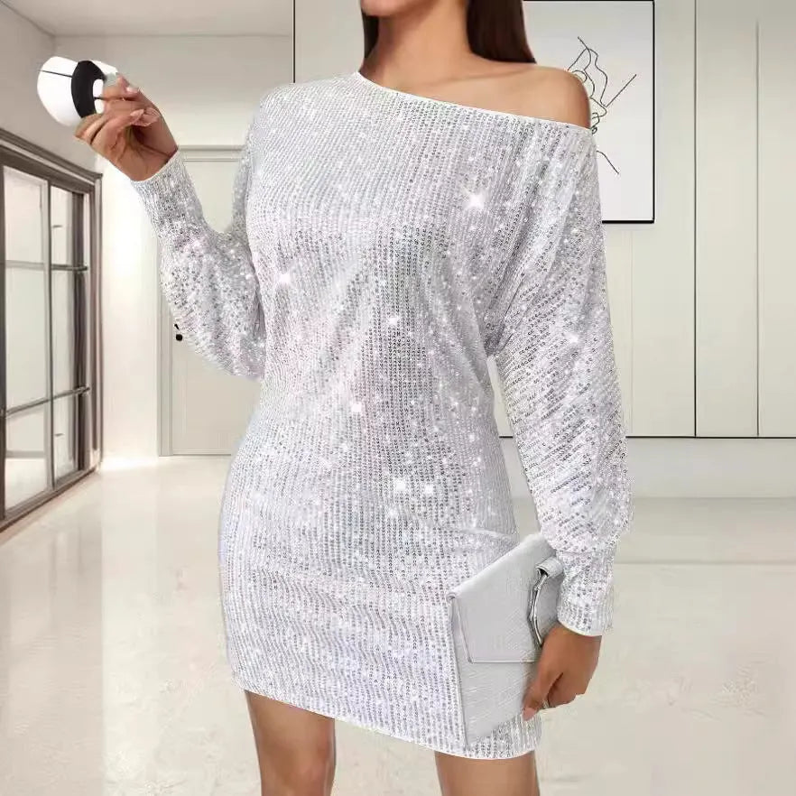 Women's sequin one-shoulder long sleeve midi dress with asymmetric hem and A-line skirt in solid colour