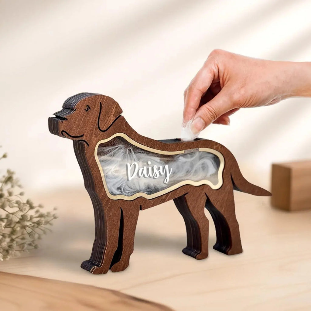 Creative wooden pet hair storage box in black C4 style for collecting fur during grooming