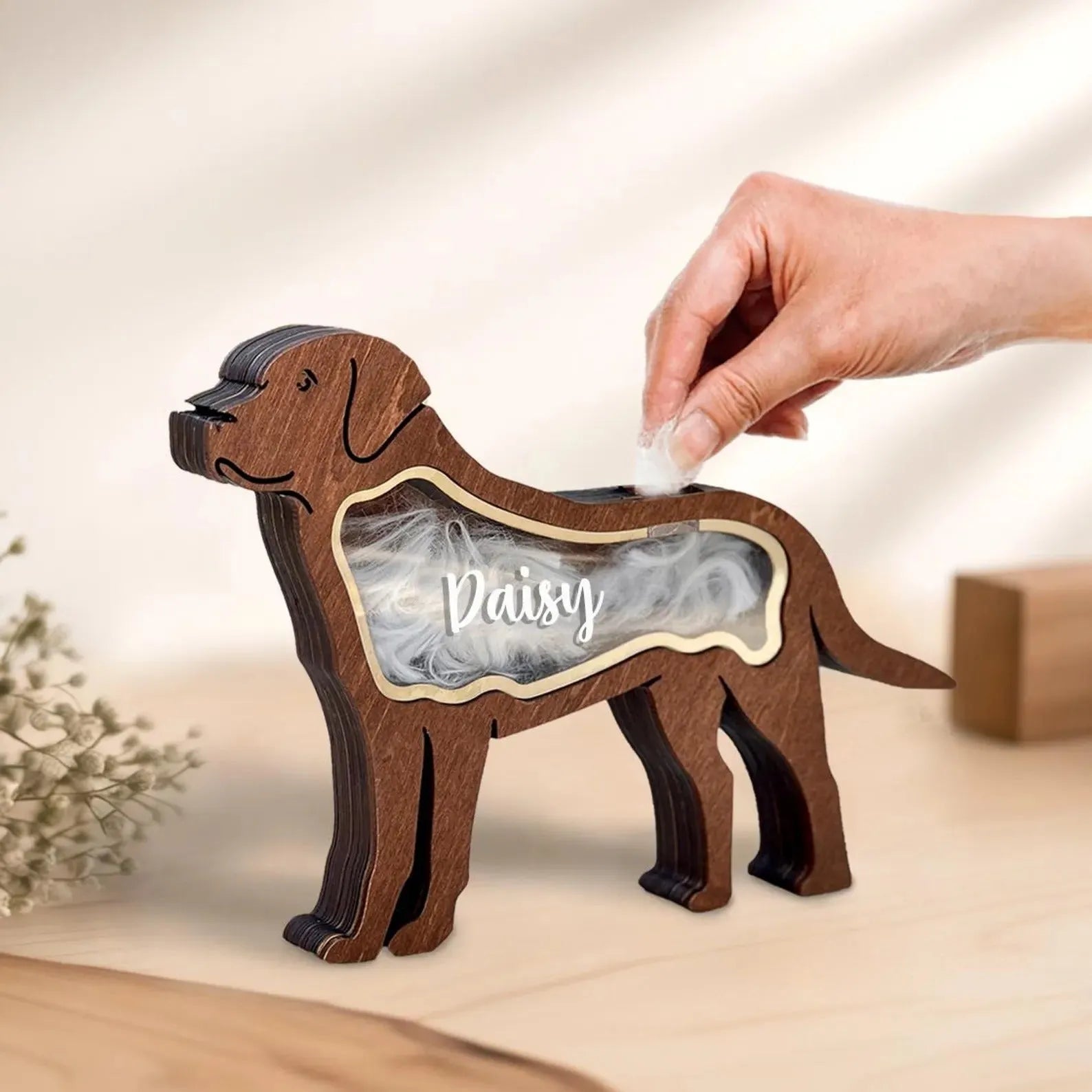 Creative wooden pet hair storage box in black C4 style for collecting fur during grooming