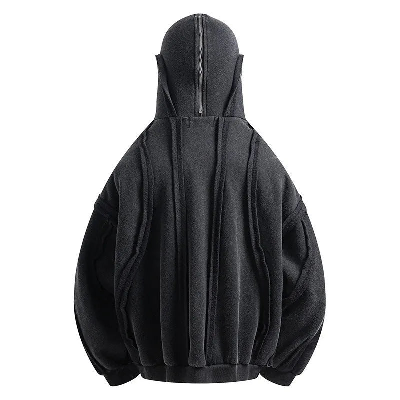 Black loose fit men's padded cardigan coat with zip front and hood