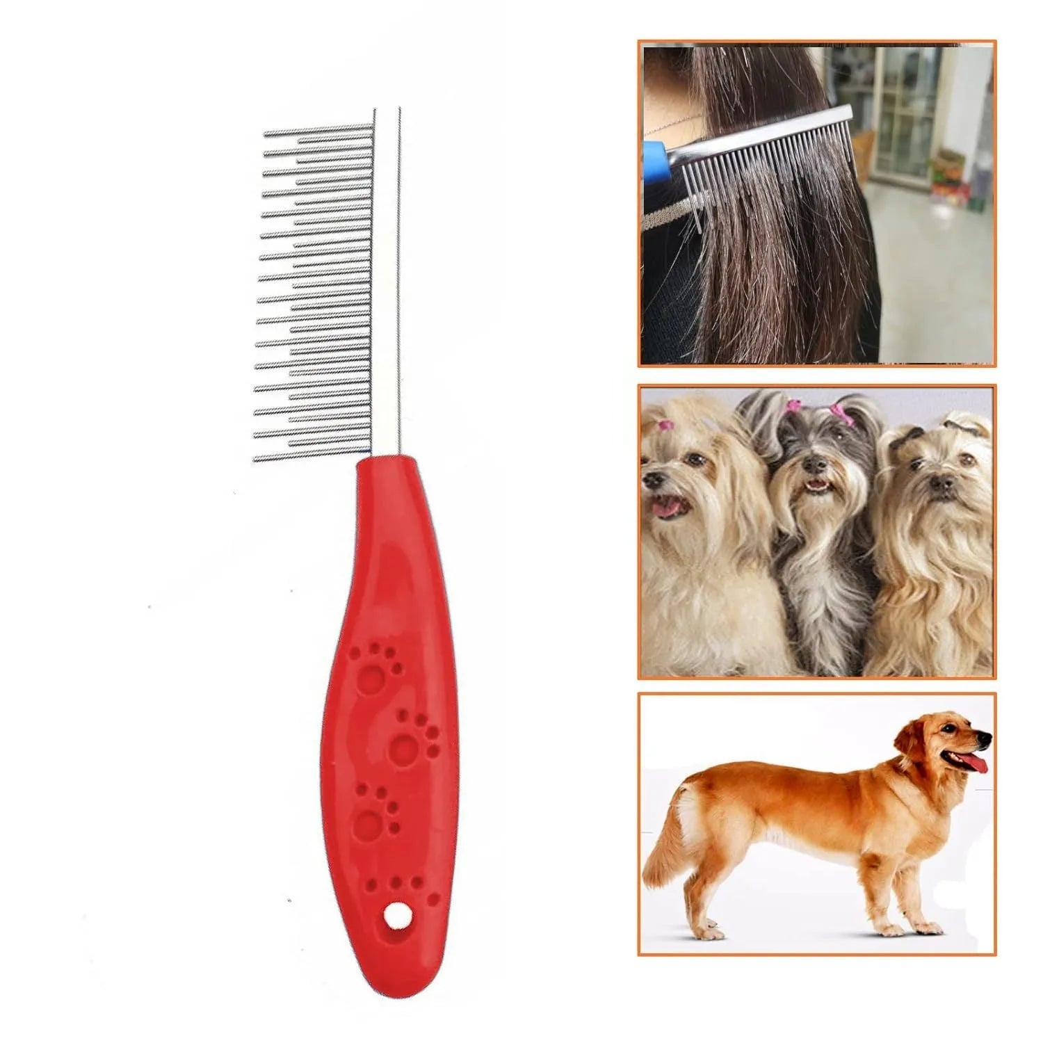 Red pet grooming comb with long and short stainless steel teeth and a plastic anti-slip handle.