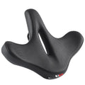 Black leather bicycle saddle cushion with polyurethane foam padding for shock absorption.