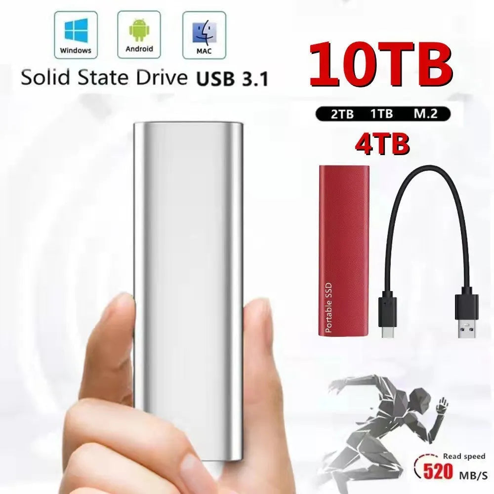 Ultra-thin metal external SSD hard drive shown in red, with high-capacity storage for laptops and computers.