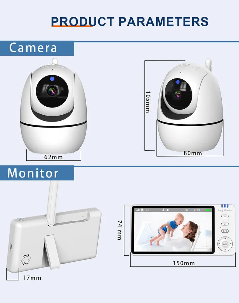 White 5-inch HD baby monitor with camera on a nursery shelf.