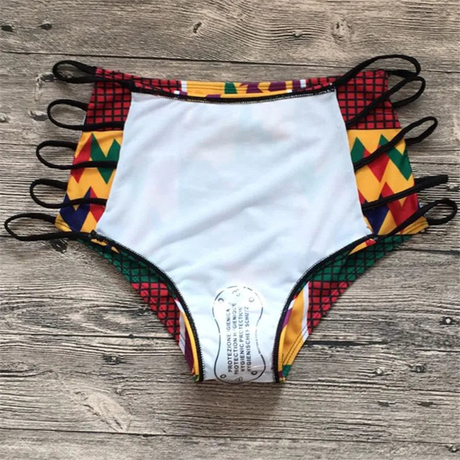 Women's high-waist bikini swimsuit with digital printing and backless design on a mannequin.