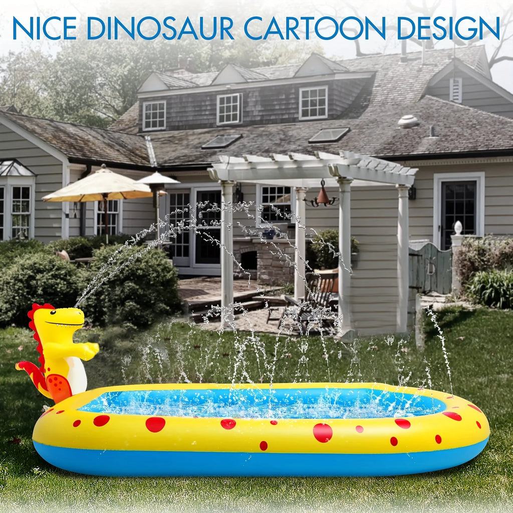 Blue dinosaur water spray pool for kids outdoor play measuring 170cm
