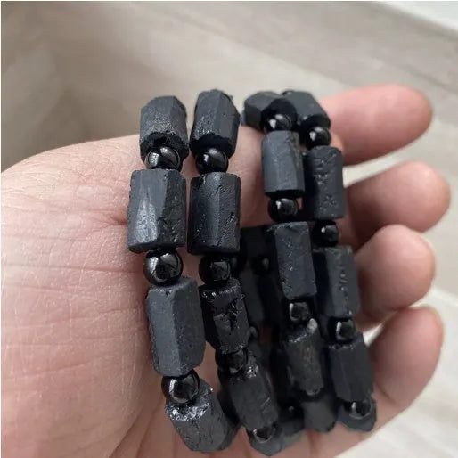 Black tourmaline rough stone bracelet with natural crystal beads on stretchy elastic cord