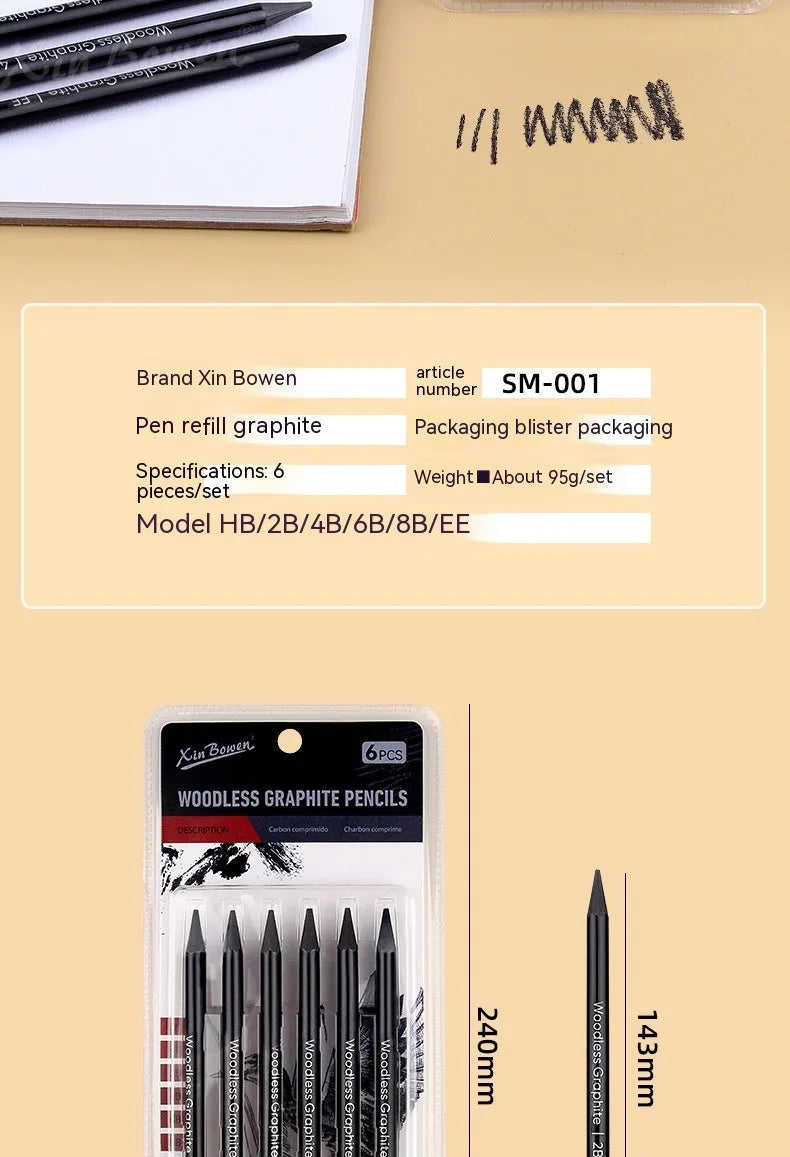 Set of six wood-free graphite sketching pencils with HB, 2B, 4B, 6B, 8B, and EE hardness grades