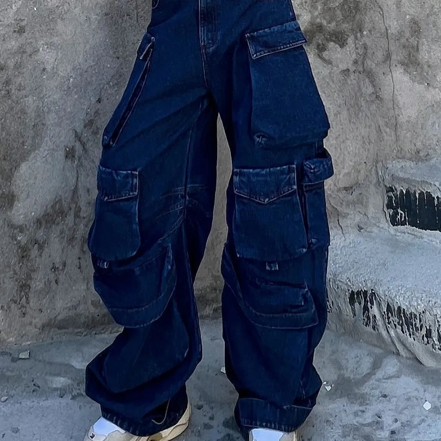 Dark blue distressed wide-leg women's jeans with high waist and multiple pockets.