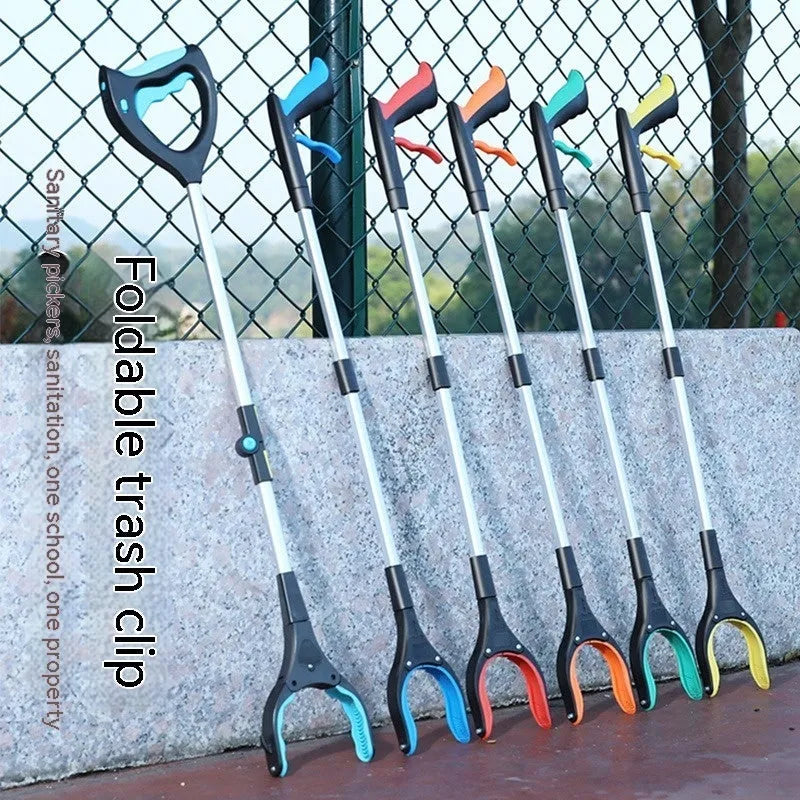 Blue plastic and aluminium alloy trash folder sewer pliers clamping a rubbish bag.