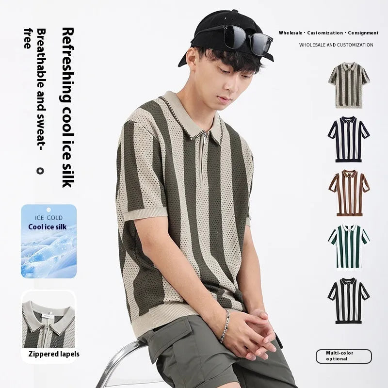 Men's striped short sleeve summer sweater in ice silk fabric with zipper decoration