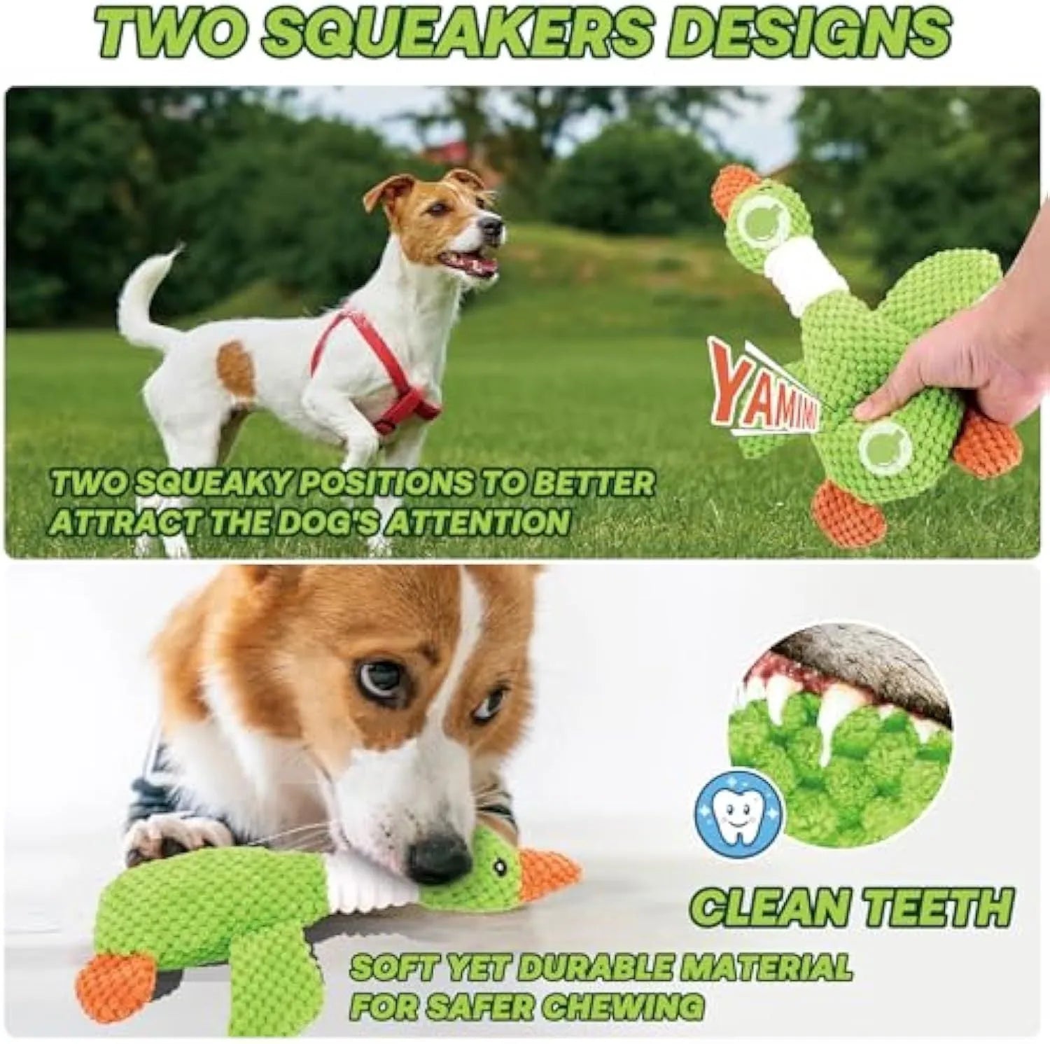 Blue, green or grey duck-shaped plush dog toy with two squeakers.