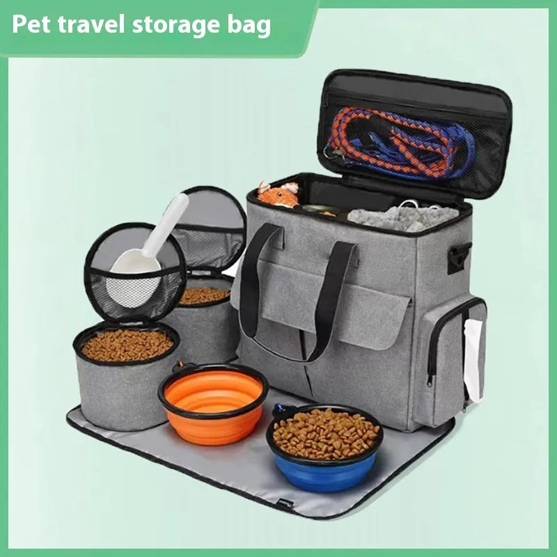 Grey dog travel backpack kit with removable divider and bonus training bag on a white background