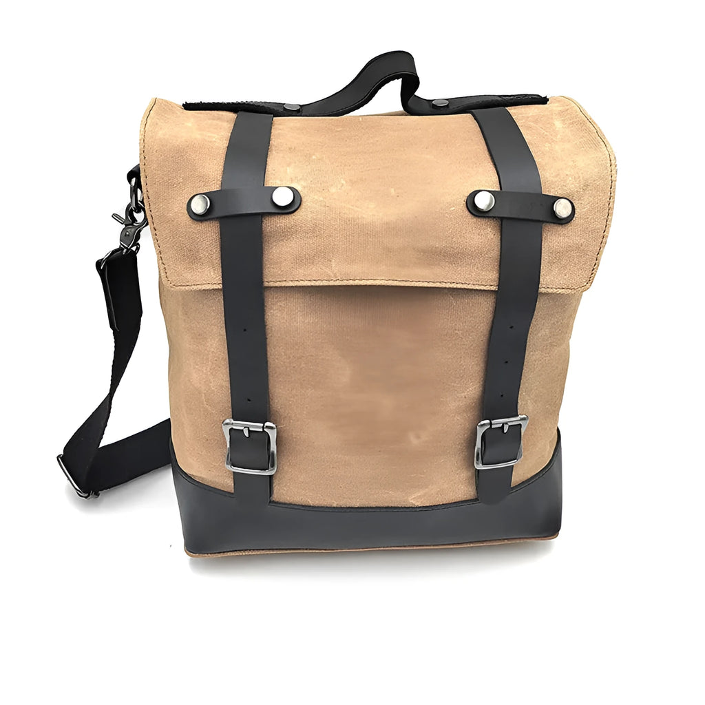 Waterproof canvas motorcycle side bag with cowhide detailing in black colour