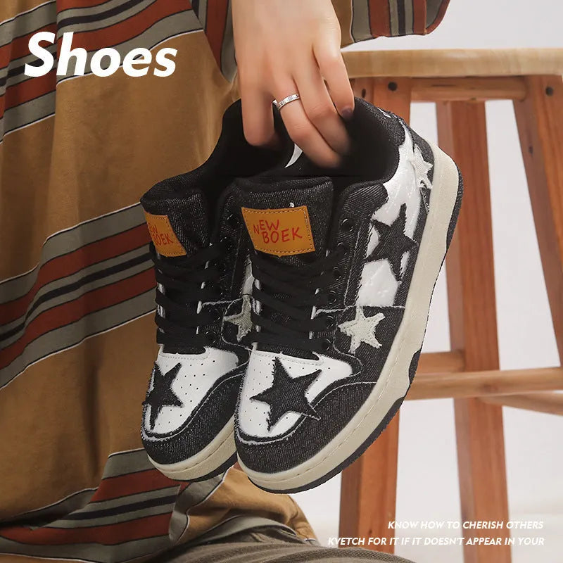 Denim skateboard shoes in black, green, or pink with flat rubber sole and lace-up front.