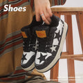 Denim skateboard shoes in black, green, or pink with flat rubber sole and lace-up front.