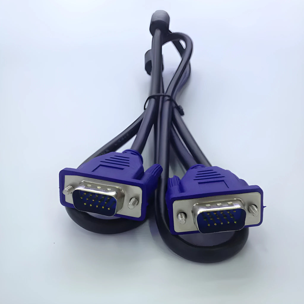 Black VGA cable with blue moulded connectors and nickel-plated terminals for computer monitor connections