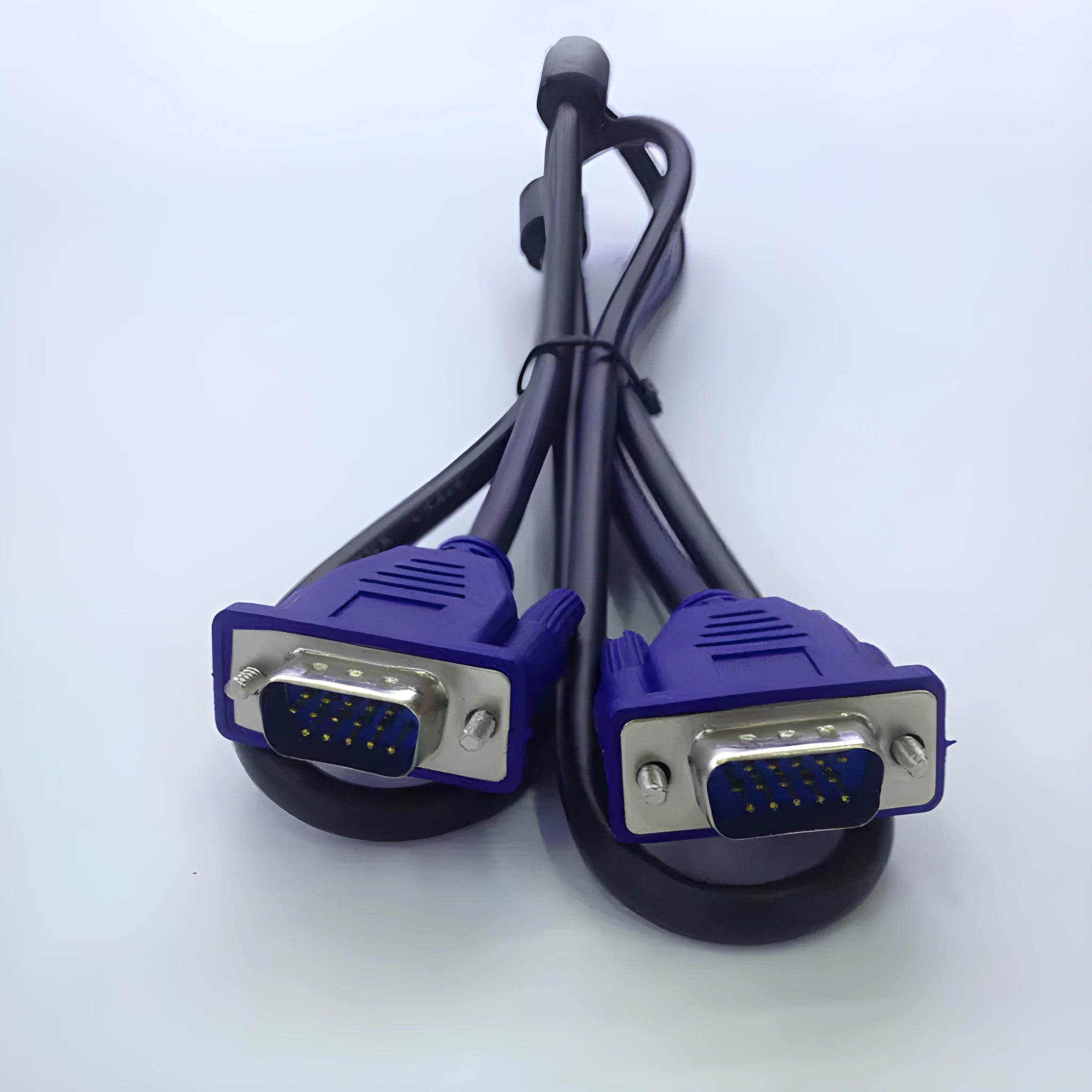 Black VGA cable with blue moulded connectors and nickel-plated terminals for computer monitor connections