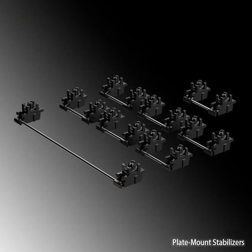 Keyboard stabiliser accessories set showing black and milky white 6.25U and 7U satellite axis stabilisers