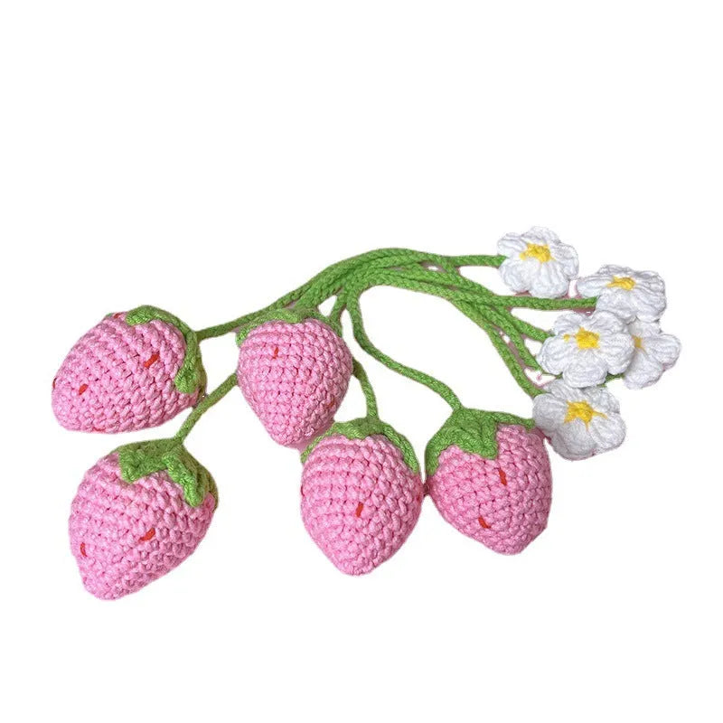 Handmade wool crochet strawberry pendant on 35cm cord in pink or red colour