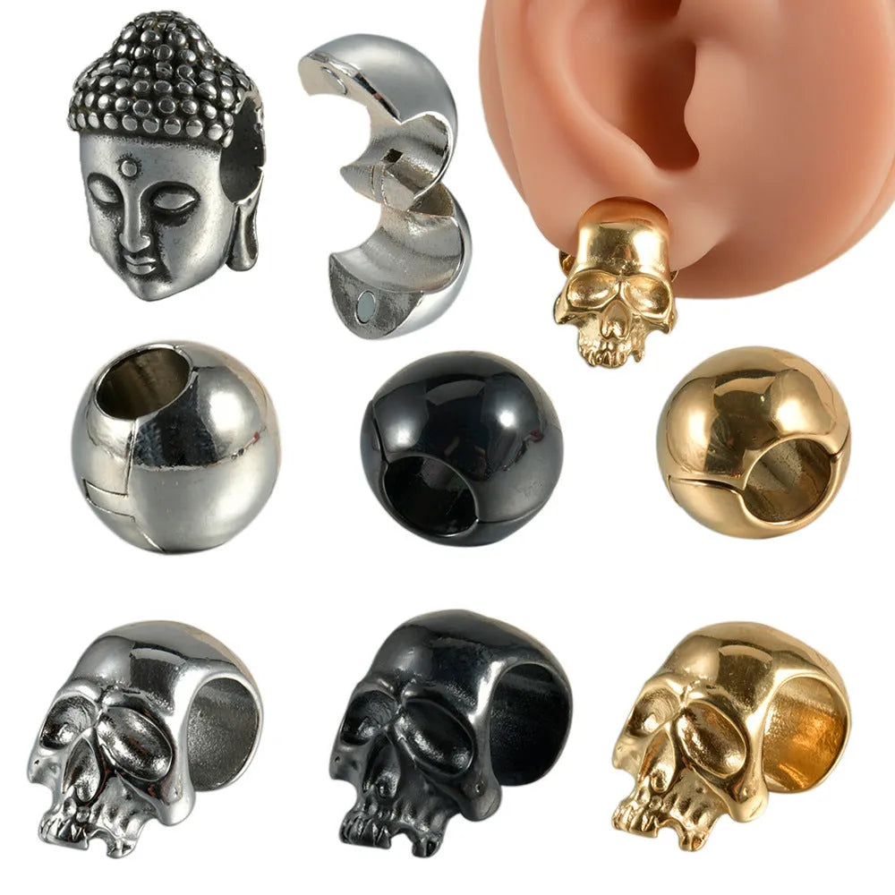 Stainless steel hollow skull Buddha earring for auricle piercing in hip hop style.