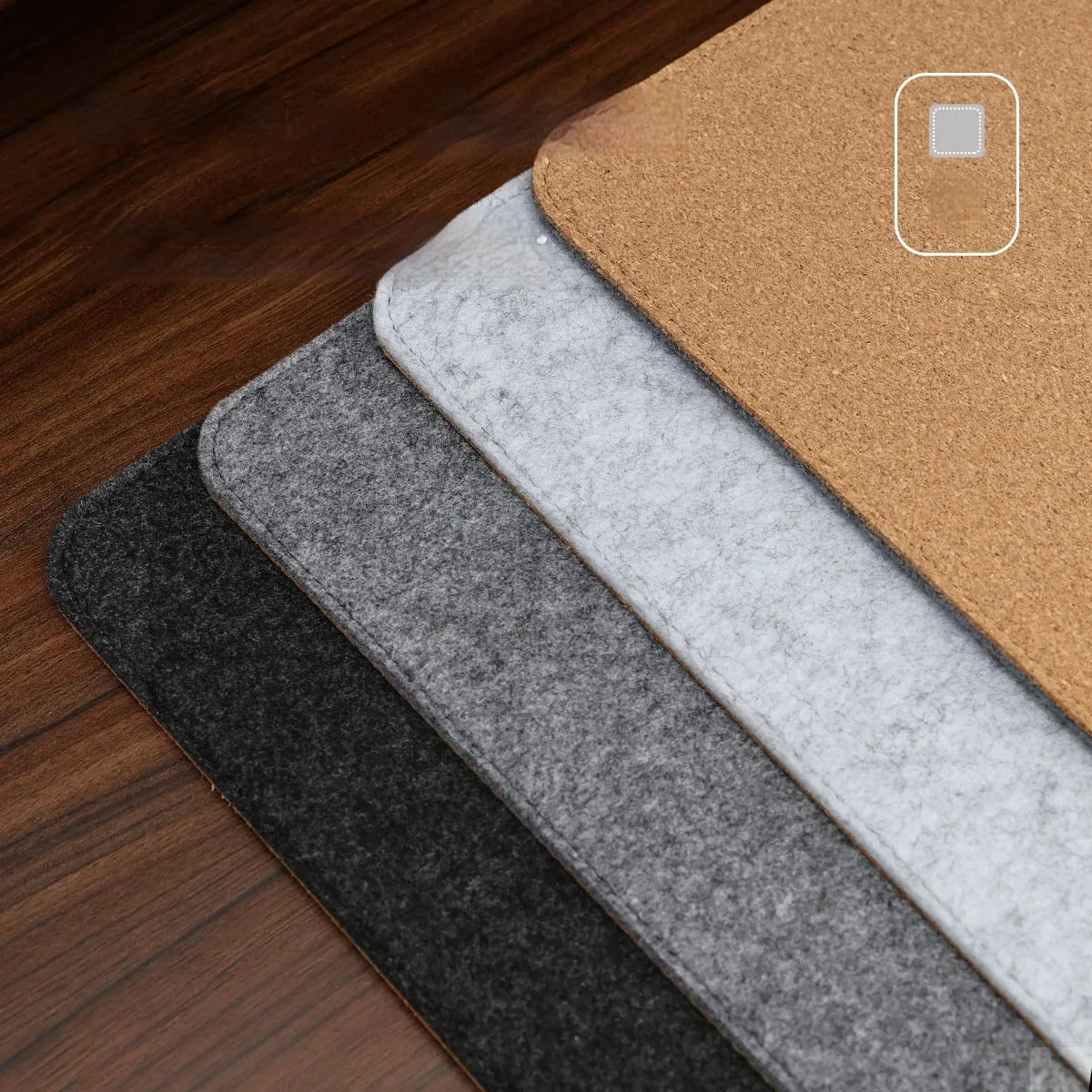 Oversized grey felt and cork desk mat with Japanese style simple design on a wooden desk