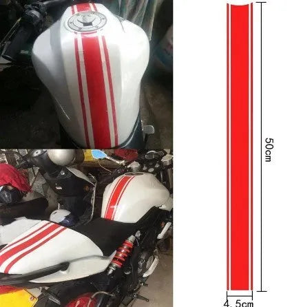 Long black and silver reflective pinstripe sticker for motorcycle gas tank lid.