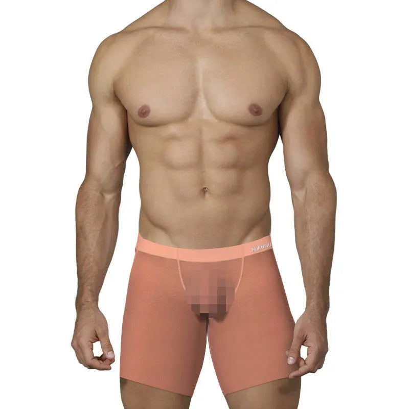 Men's solid colour boxers in ice silk nylon fabric showing low-waist design in orange, pink, and red options