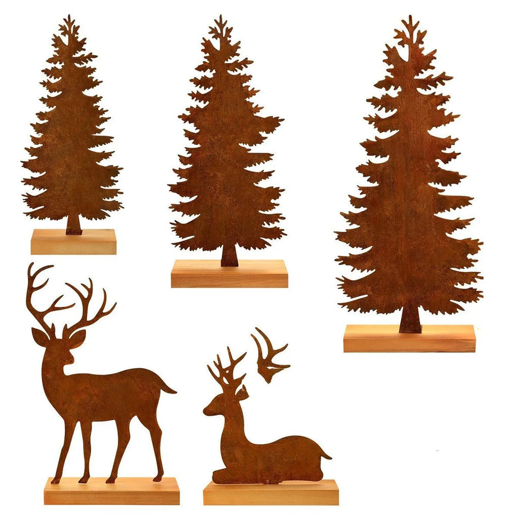 Three iron Christmas tree ornaments with elk designs in rustic finish