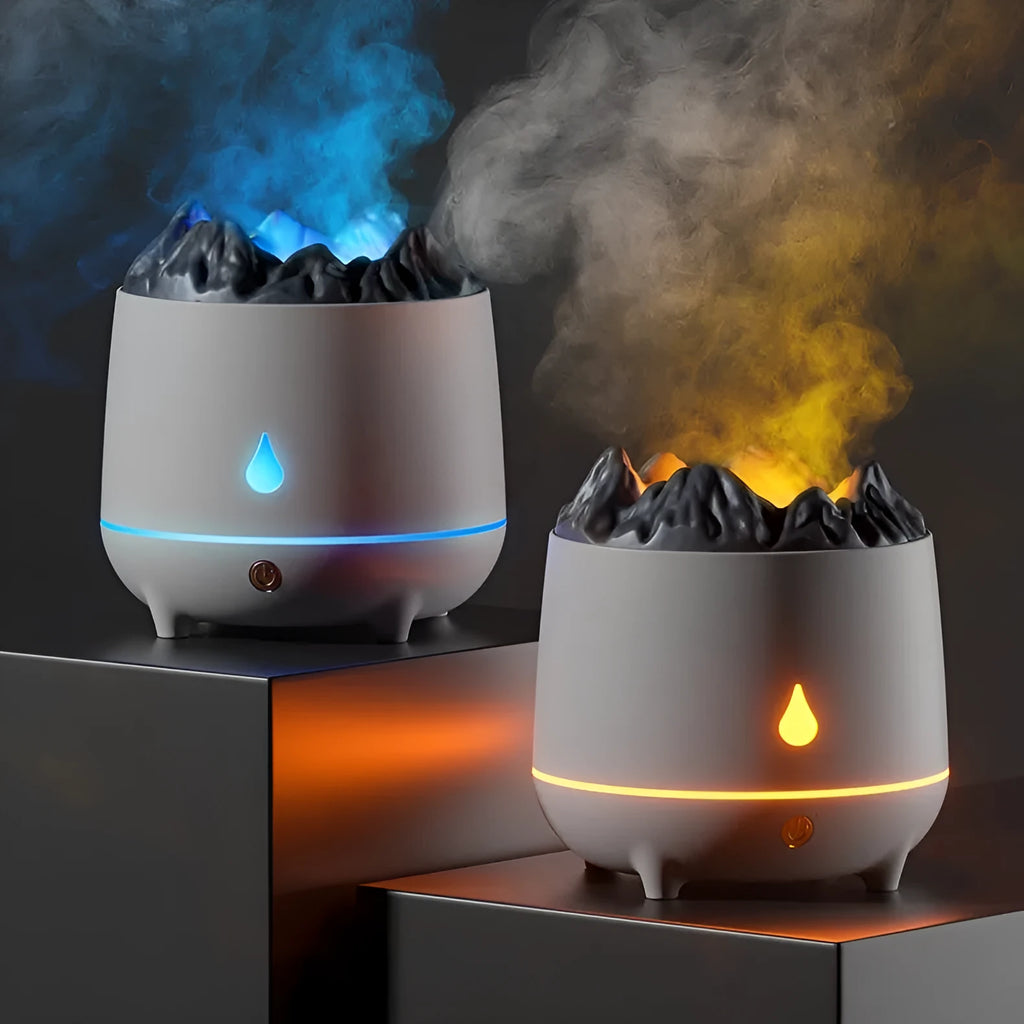 White Huoyanshan volcanic-shaped ultrasonic humidifier and aromatherapy diffuser on a table.