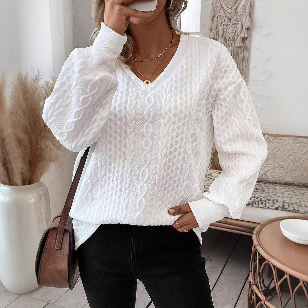 Milky white casual loose fit long sleeve t-shirt with three-dimensional pattern design