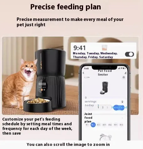 Automatic pet feeder with timer display and food storage compartment in black colour