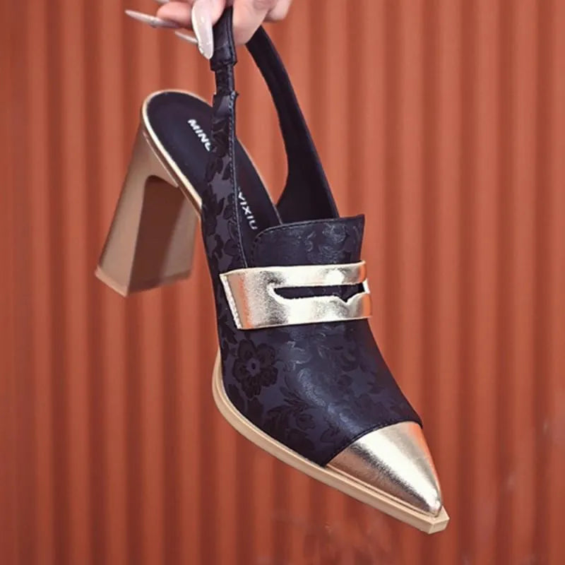 Women's black Korean-style sandals with chunky heel, pointed toe, and high ankle strap with elastic band.