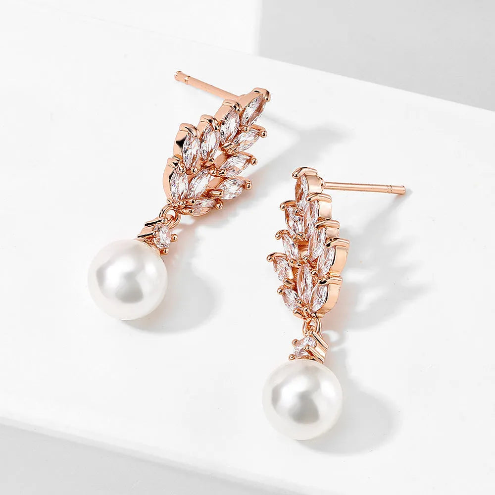 Micro inlaid zircon pearl earrings with geometric floral design in multiple plating colours