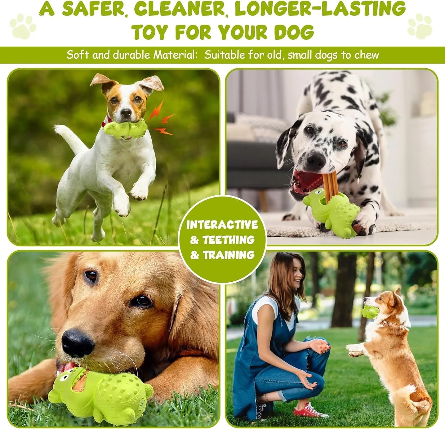 Green and yellow thick natural rubber dog toy with squeaker for aggressive chewers.