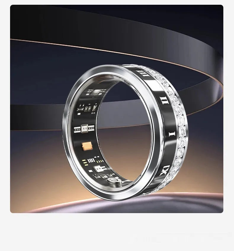 Gold and silver diamond inlaid smart ring for health tracking on a finger.