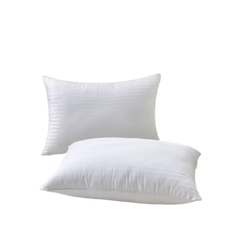 White cotton satin stripe pillow with feather cotton filler, shown in low, medium, and high loft options.