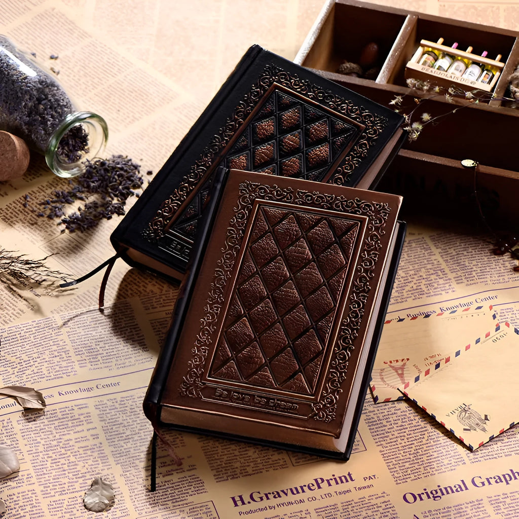 Embossed faux leather A5 notepad with thick 3D cover in bronze or black gold colour