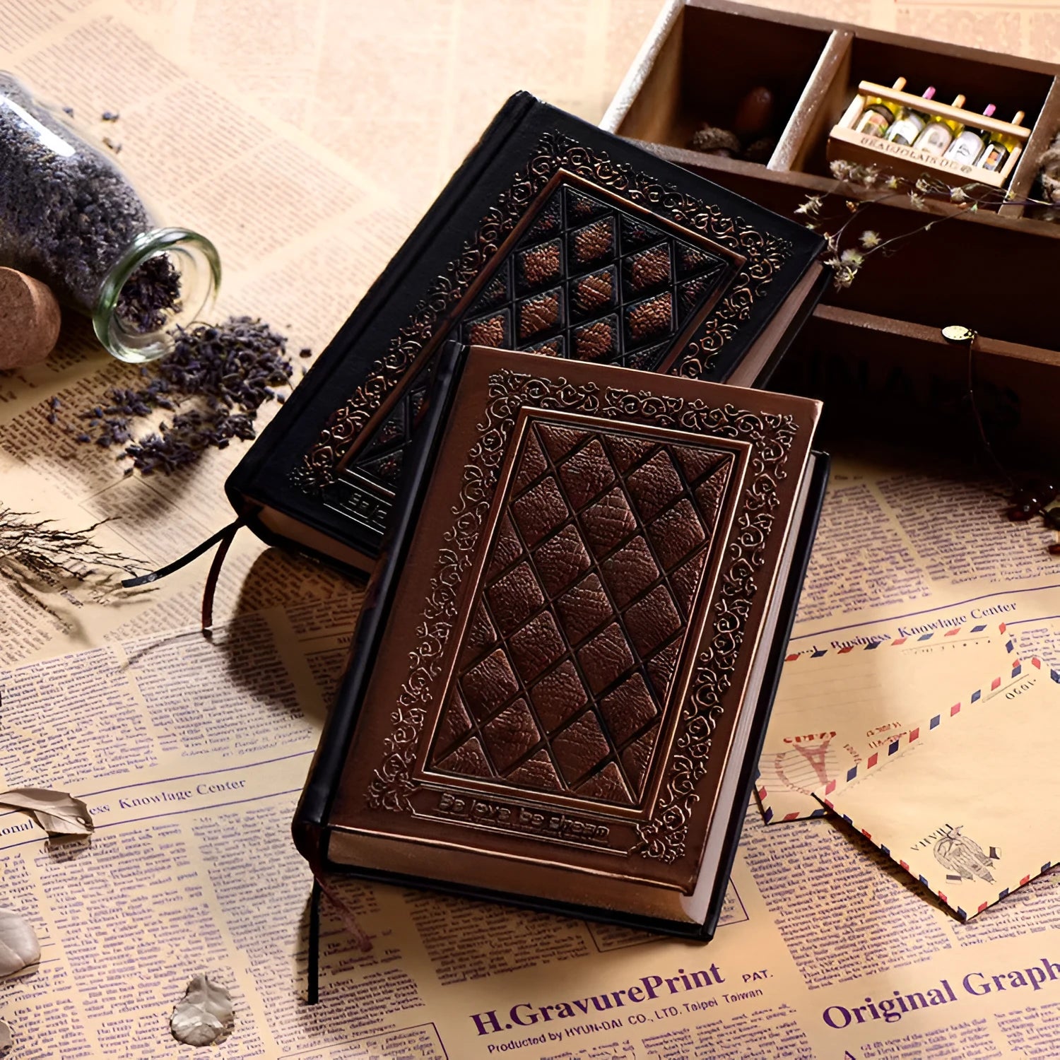 Embossed faux leather A5 notepad with thick 3D cover in bronze or black gold colour