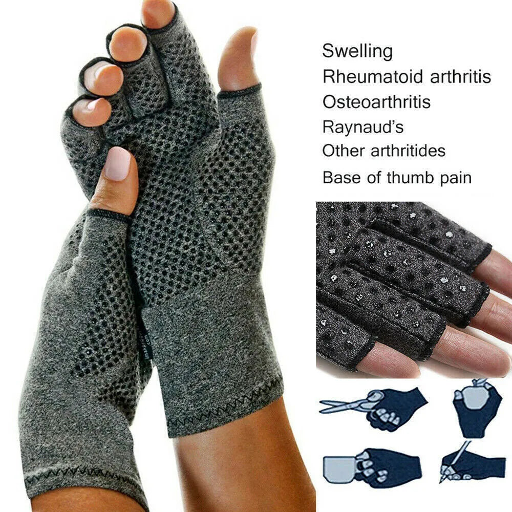Grey half-finger compression gloves with anti-slip palm grips, shown laid flat.